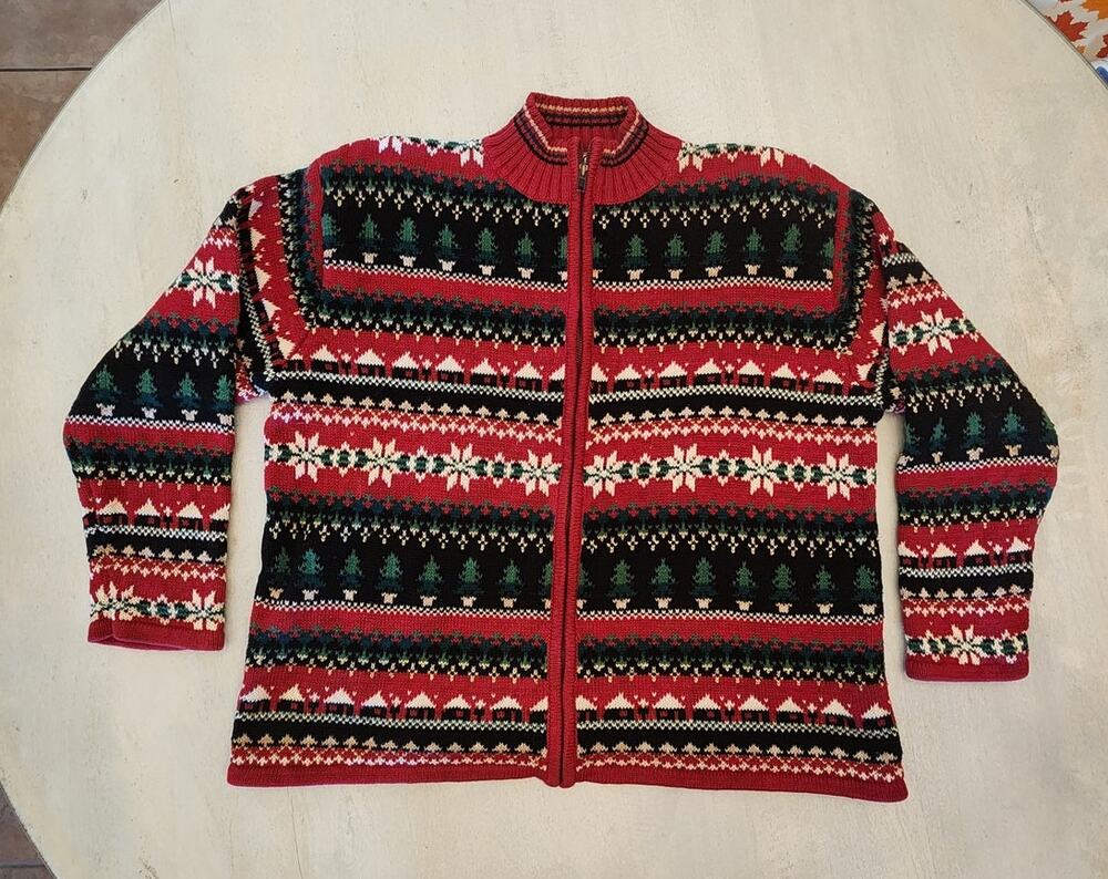 Heirloom Collectibles Christmas Holiday Fair Isle Full Zip Sweater SZ XL